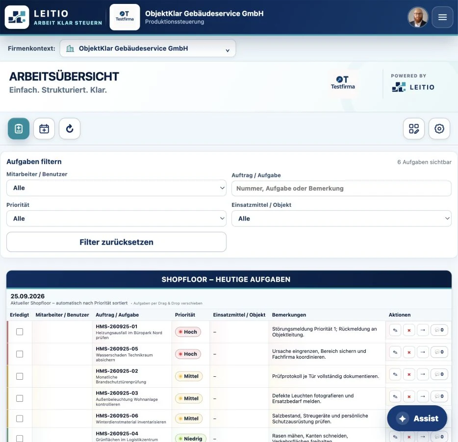 LEITIO Arbeitsansicht von ObjektKlar Gebäudeservice